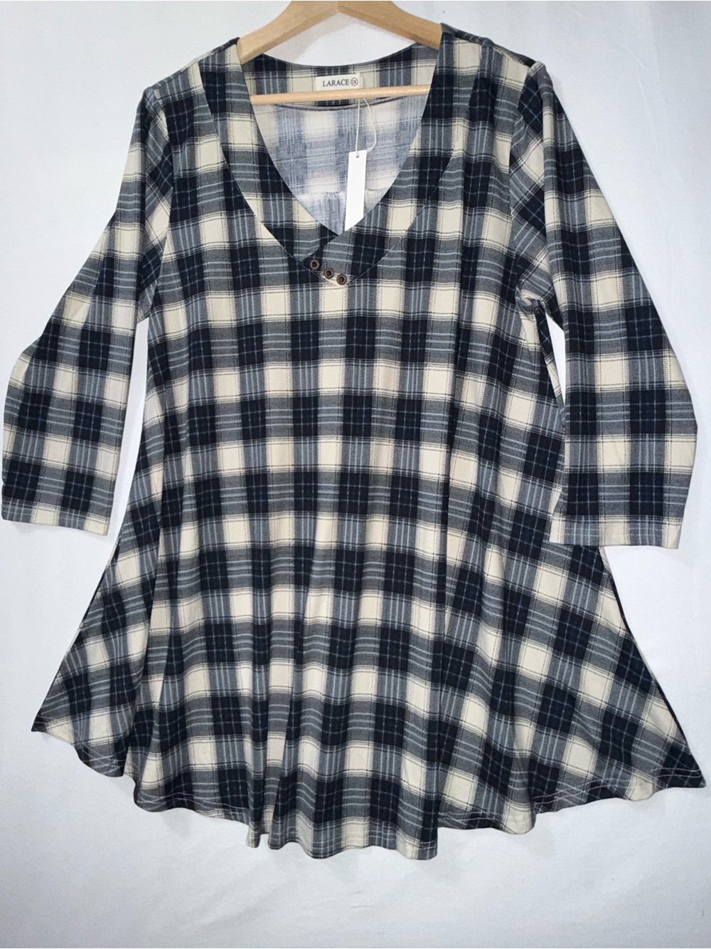 LARACE Plus Size 1X Plaid Swing Tunic Top Black Cream Gray 3/4 Sleeve NWT